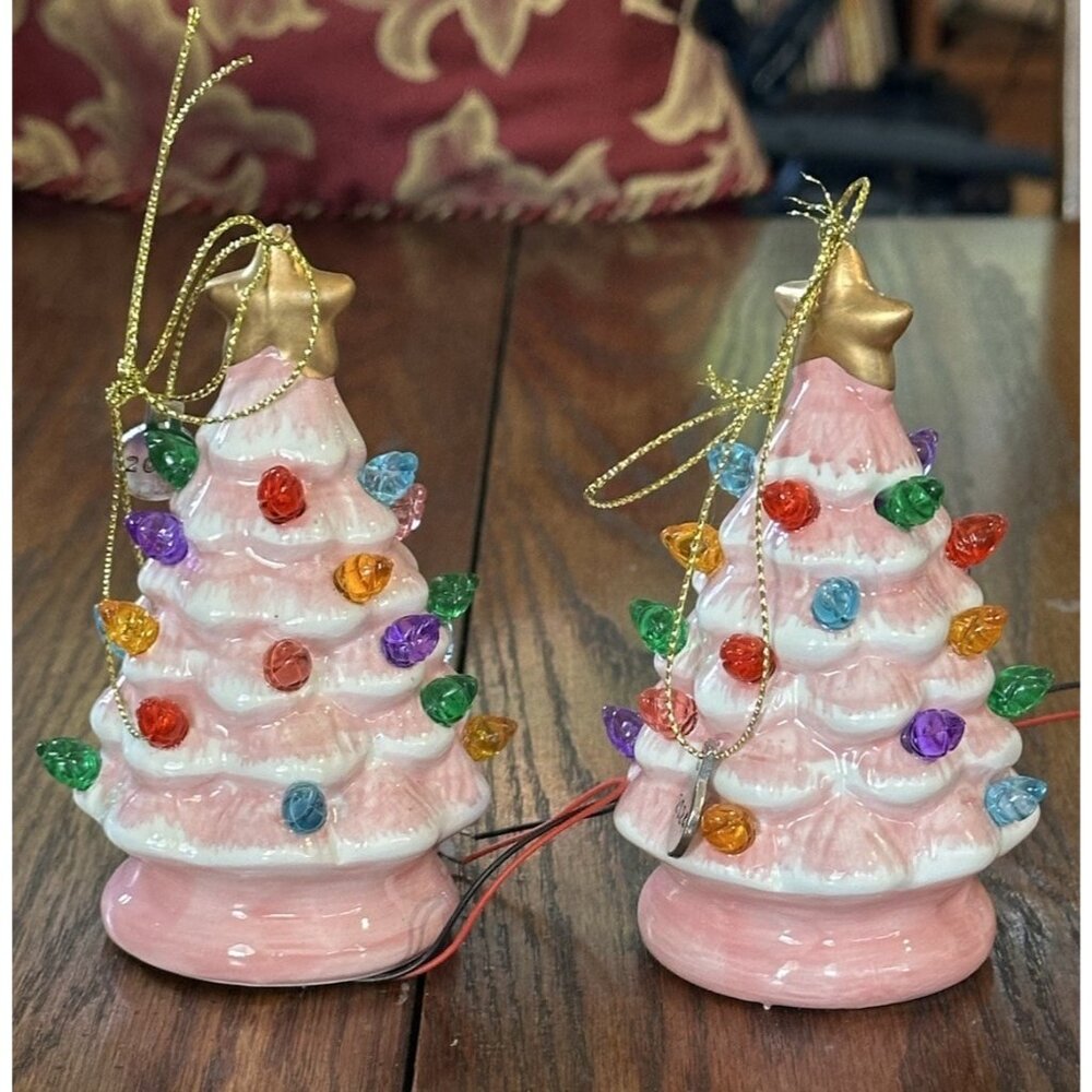 Pair Of Mr Christmas Christmas Trees Ceramic Light Up Pink Retro